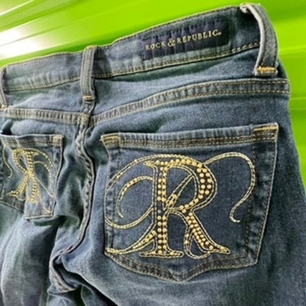 Rock & Republic Berlin Skinny Jeans Dark Wash Rhinestone Logo Womens 2M R010105